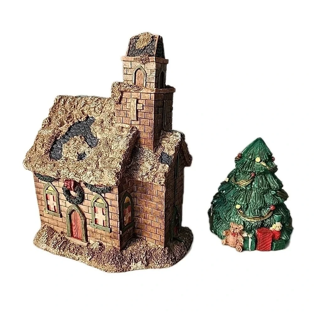 Lot 2 VTG Christmas Hinged‎ Diorama Cottage w/Christ & Bible, Xmas Tree w/Santa